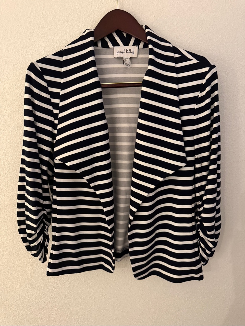 Joseph Ribkoff Navy White Striped Waterfall Blazer Size 16 Ruched Sleeve